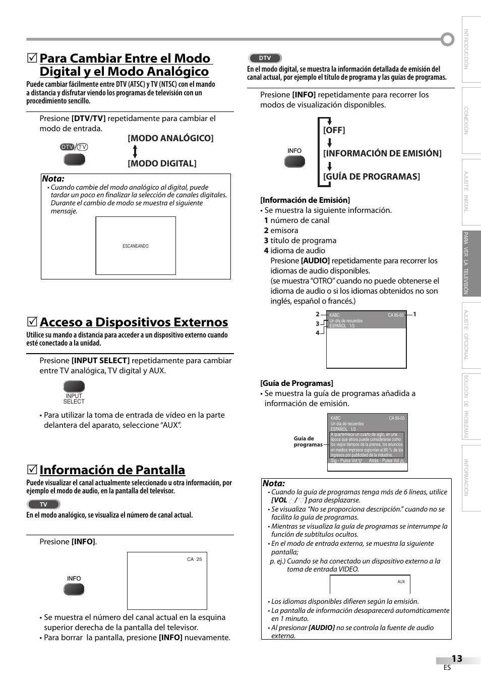 Acceso a dispositivos externos, Información de pantalla | FUNAI CR130TT8 User Manual | Page 65 / 78
