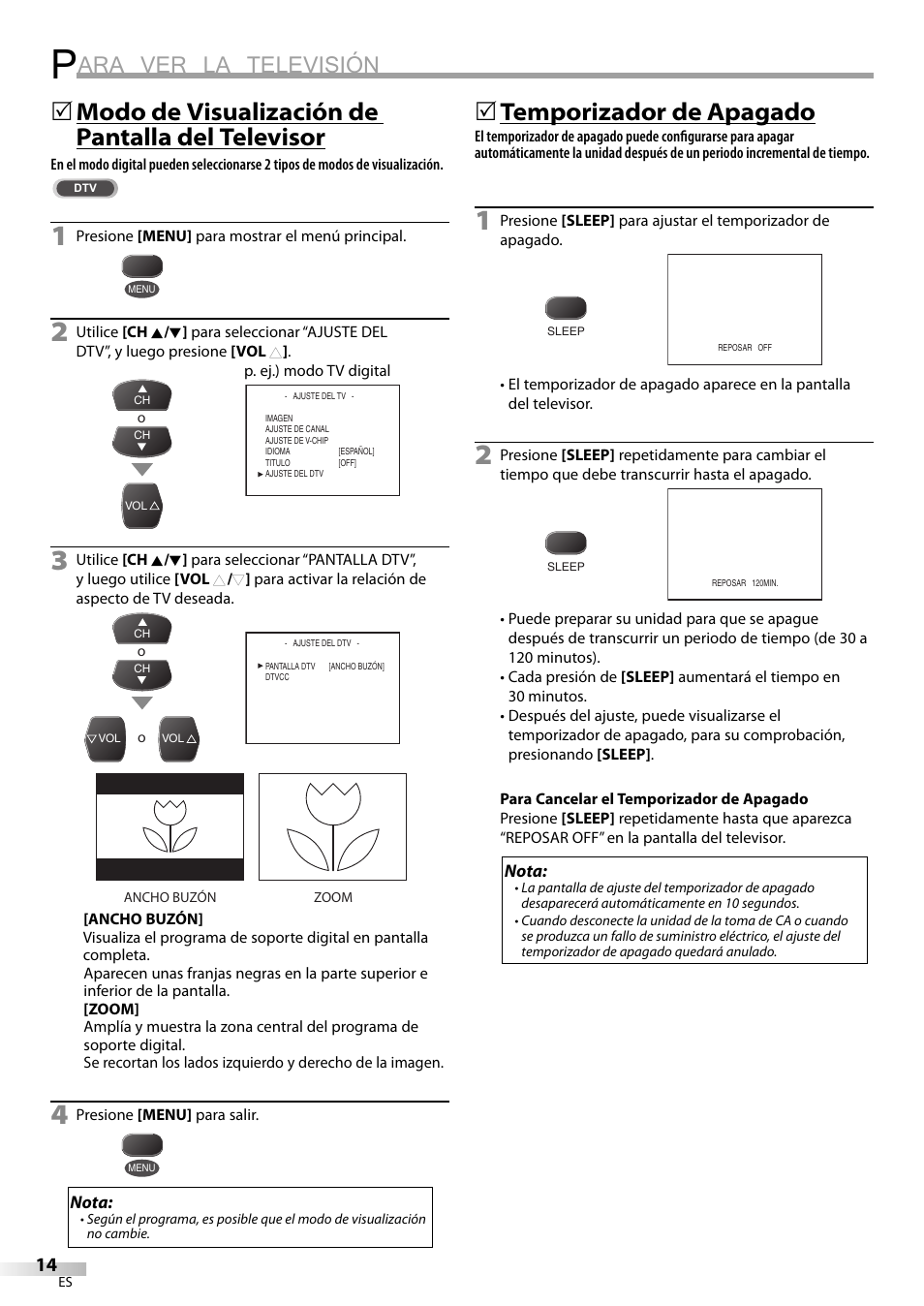 Ara ver la televisión, Modo de visualización de pantalla del televisor, 5temporizador de apagado | FUNAI CR130TT8 User Manual | Page 66 / 78