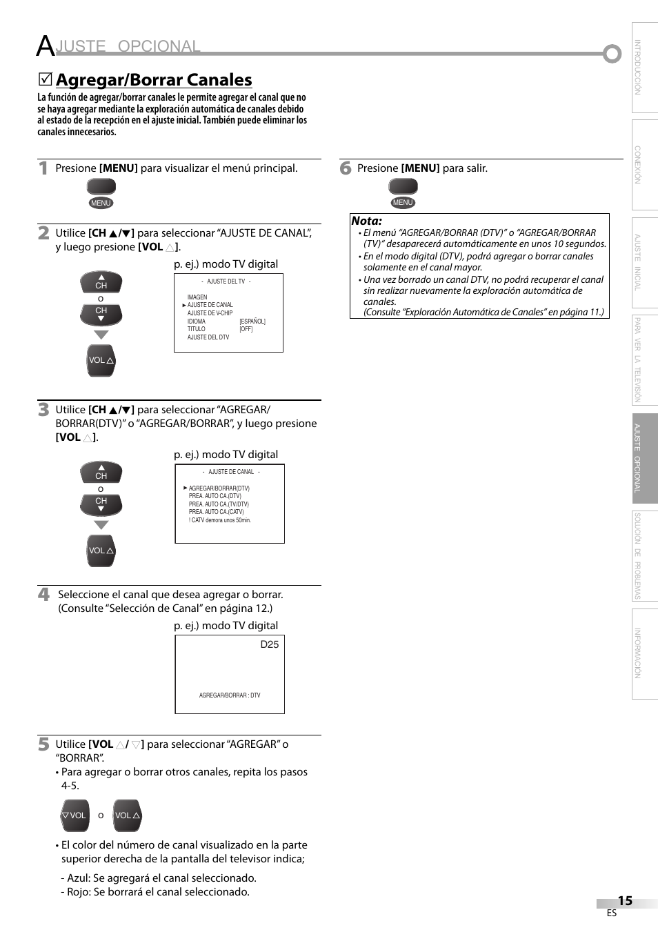 Juste opcional, Agregar/borrar canales | FUNAI CR130TT8 User Manual | Page 67 / 78