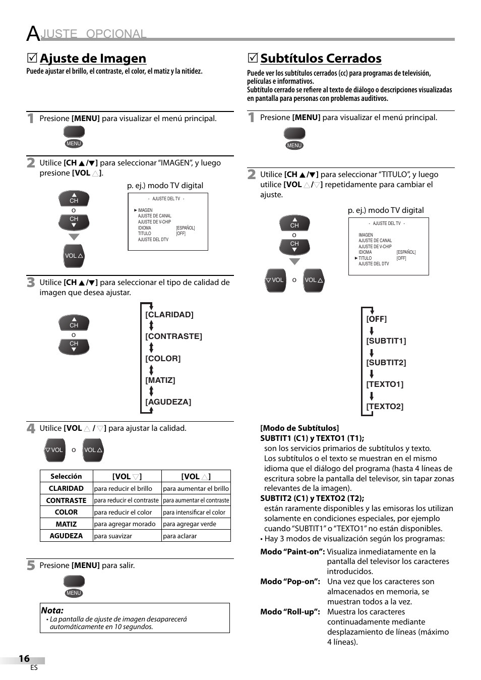 Juste opcional, Ajuste de imagen, 5subtítulos cerrados | FUNAI CR130TT8 User Manual | Page 68 / 78