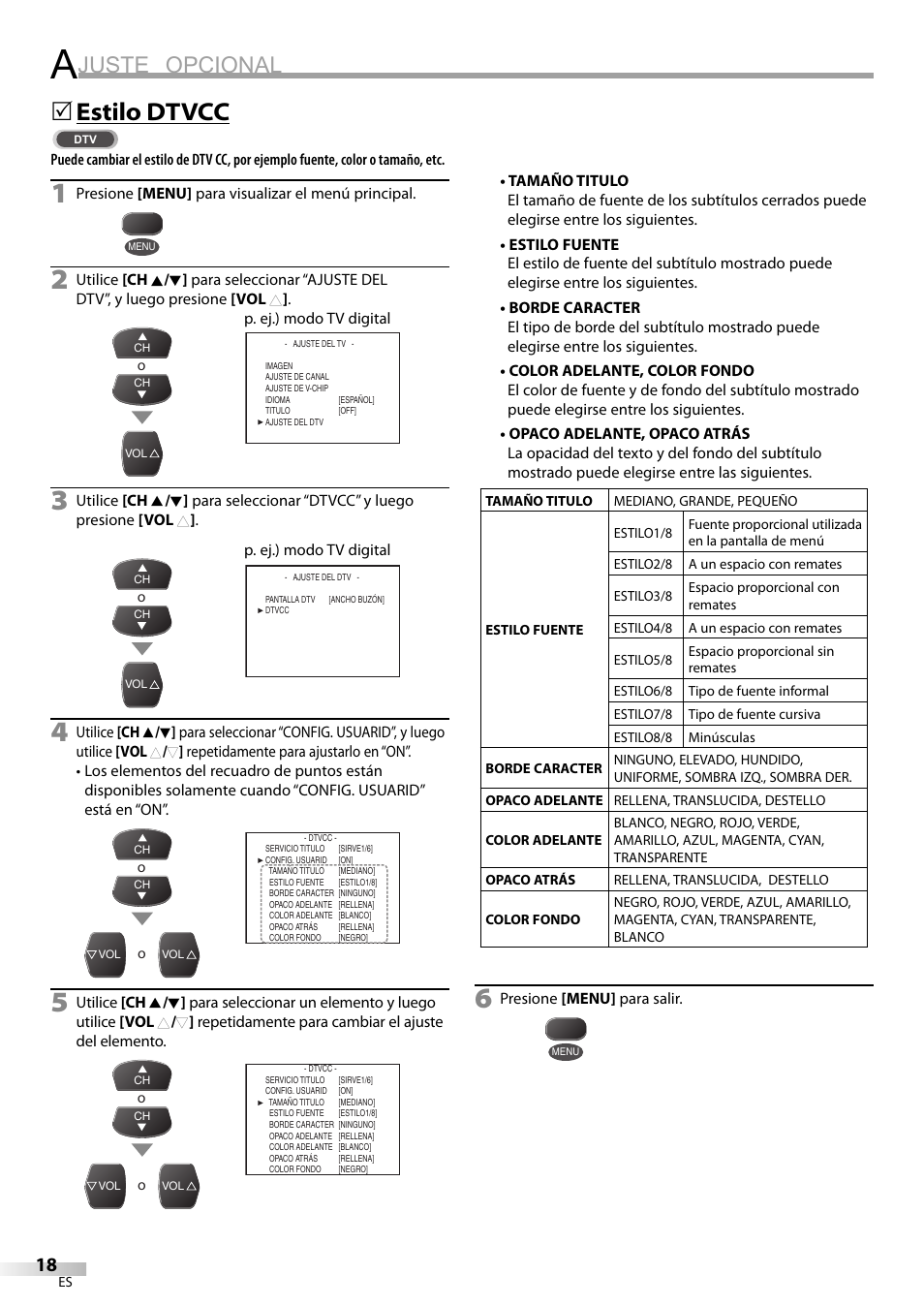 Juste opcional, Estilo dtvcc | FUNAI CR130TT8 User Manual | Page 70 / 78