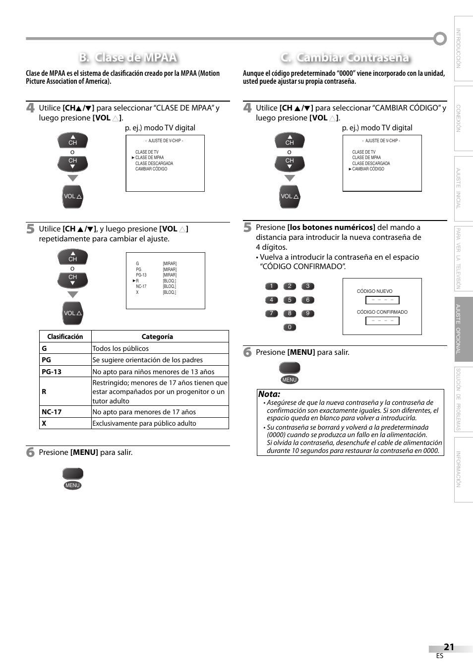 B. clase de mpaa, C. cambiar contraseña, Nota | FUNAI CR130TT8 User Manual | Page 73 / 78