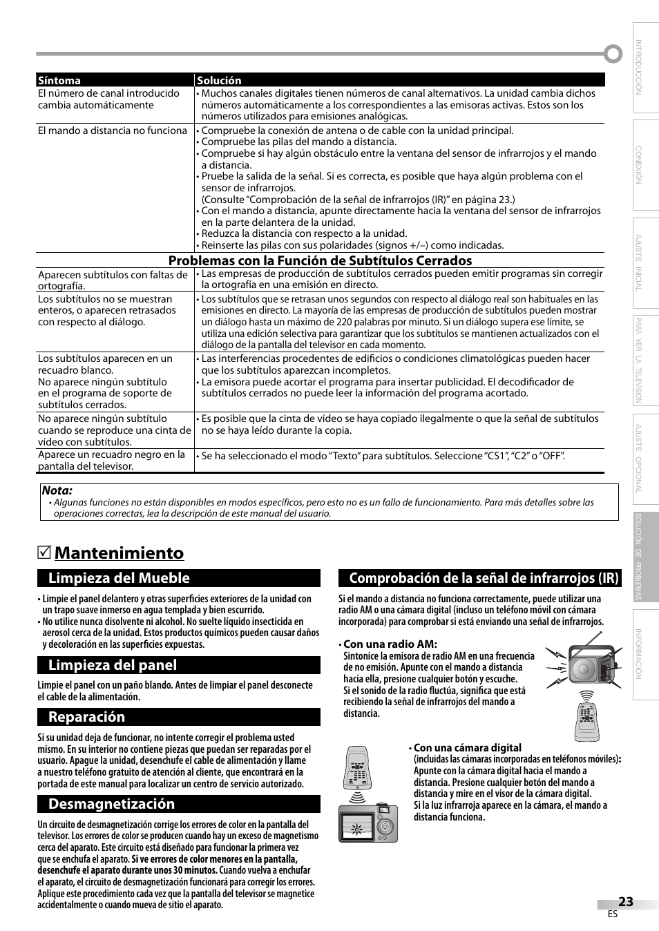 Mantenimiento 5, Limpieza del mueble, Limpieza del panel | Reparación, Desmagnetización, Comprobación de la señal de infrarrojos (ir), Problemas con la función de subtítulos cerrados | FUNAI CR130TT8 User Manual | Page 75 / 78