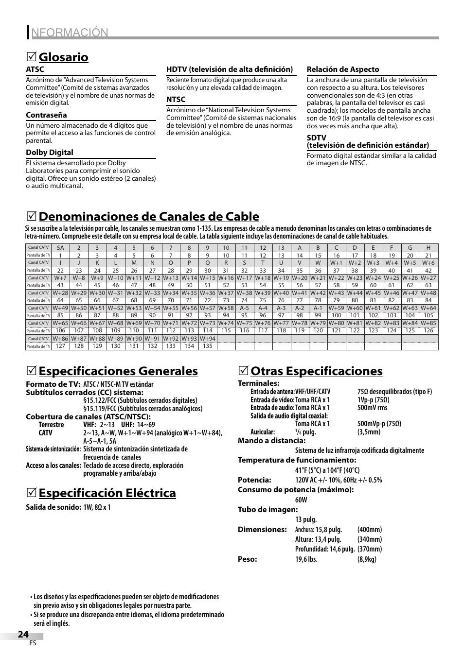 Nformación, Glosario 5, Especificación eléctrica | 5otras especificaciones | FUNAI CR130TT8 User Manual | Page 76 / 78