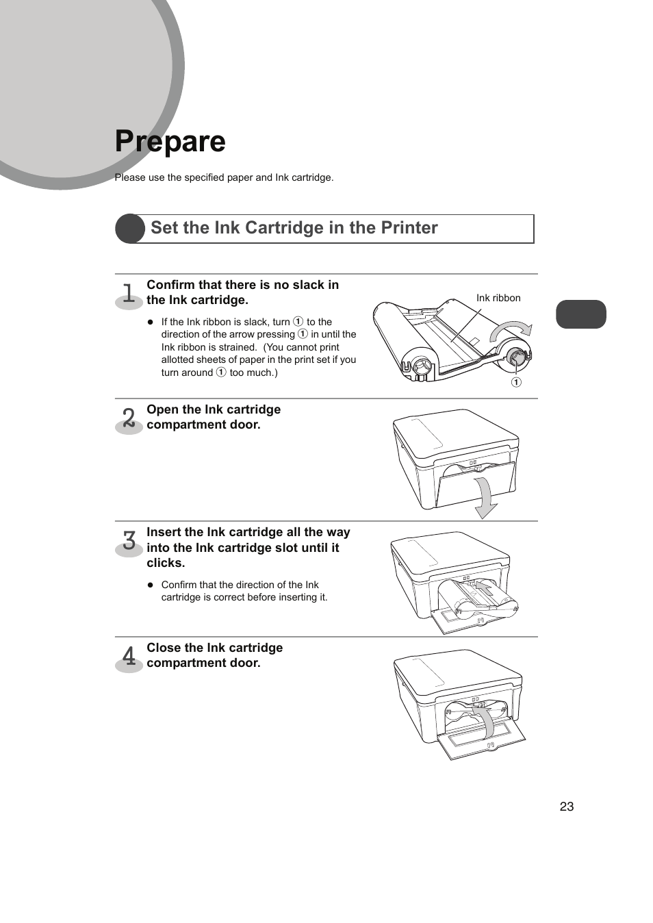 Prepare, Set the ink cartridge in the printer, P.23 | FUNAI FDP-100 User Manual | Page 23 / 45