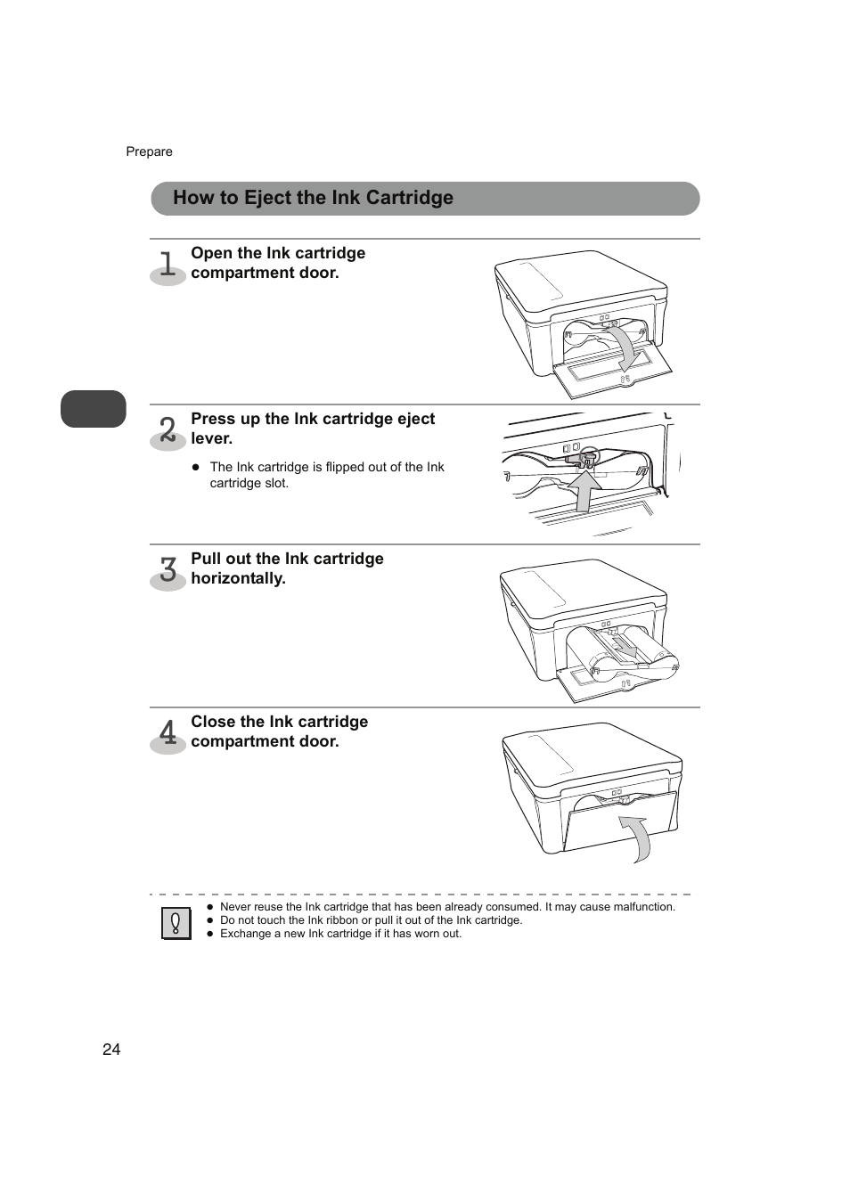 How to eject the ink cartridge | FUNAI FDP-100 User Manual | Page 24 / 45