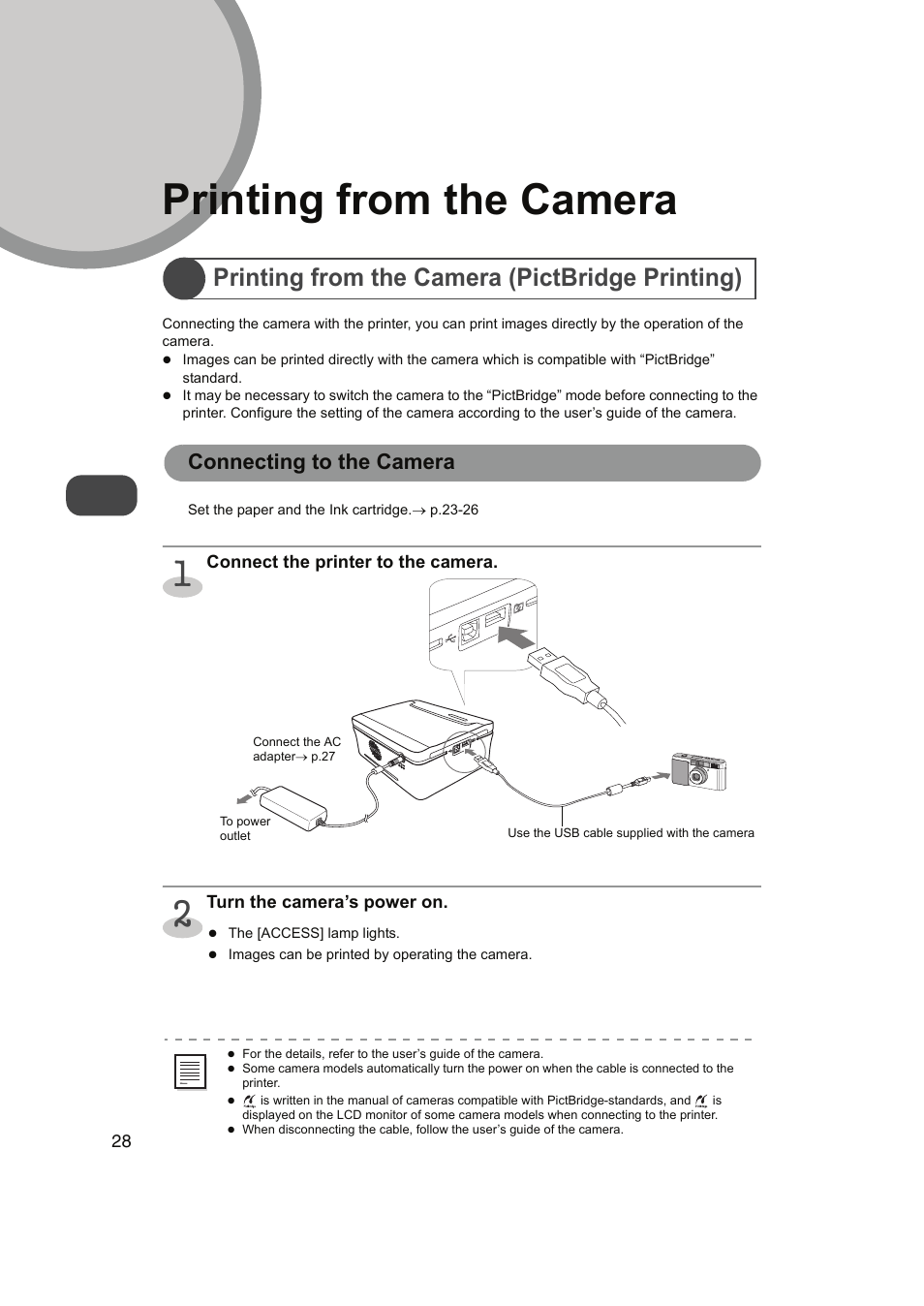 Printing from the camera, Printing from the camera (pictbridge printing), Connecting to the camera | P.28 | FUNAI FDP-100 User Manual | Page 28 / 45