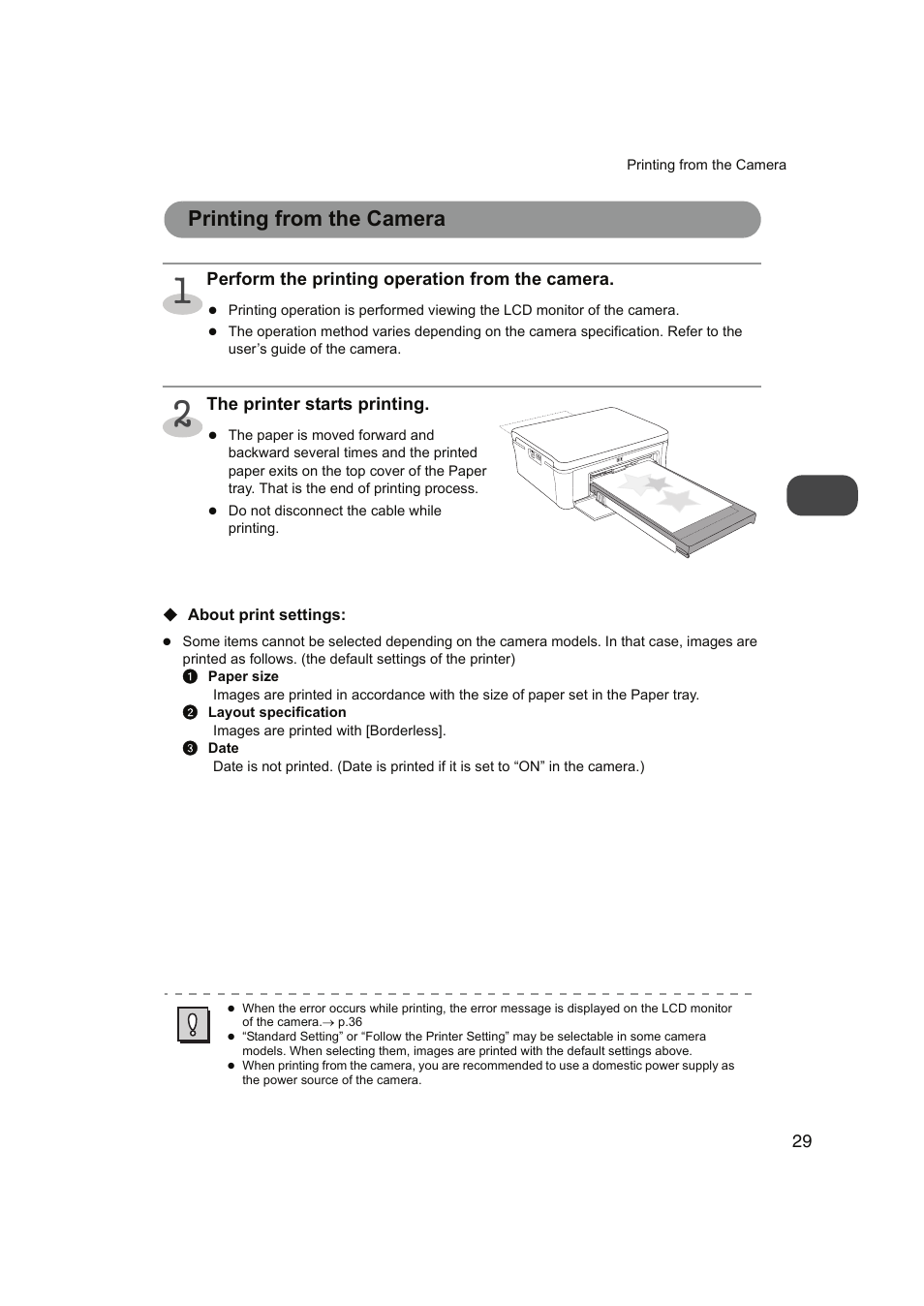 Printing from the camera, P.29, Printing | FUNAI FDP-100 User Manual | Page 29 / 45