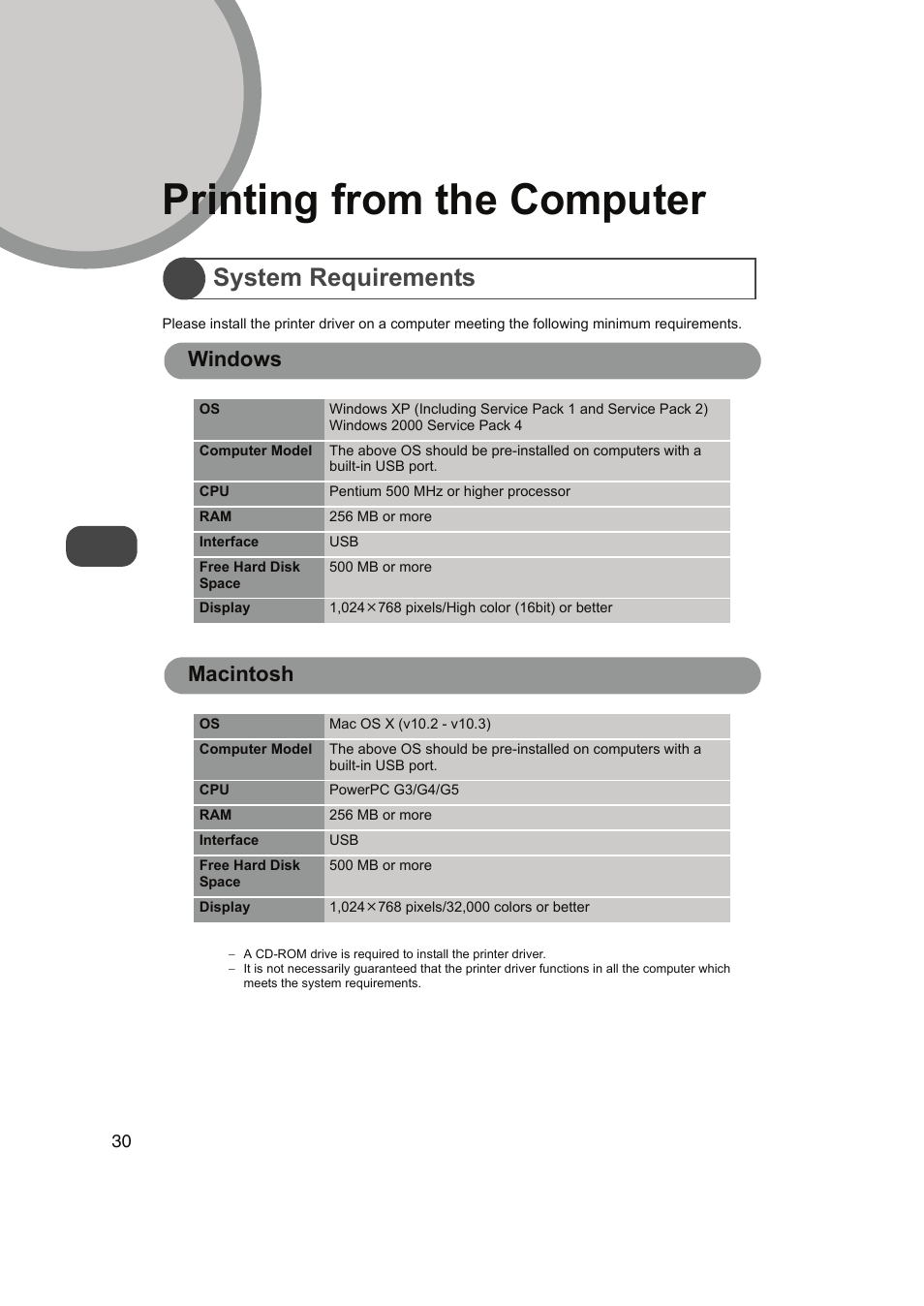 Printing from the computer, System requirements, Windows | Macintosh, Windows macintosh | FUNAI FDP-100 User Manual | Page 30 / 45