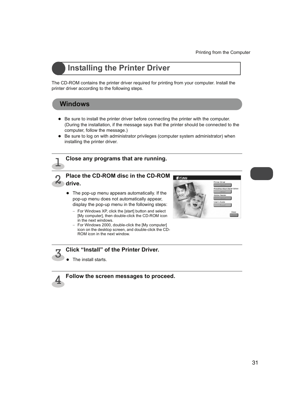Installing the printer driver, Windows, P.31 | FUNAI FDP-100 User Manual | Page 31 / 45