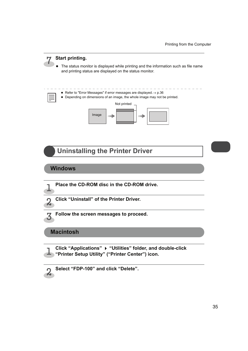 Uninstalling the printer driver, Windows, Macintosh | Windows macintosh | FUNAI FDP-100 User Manual | Page 35 / 45