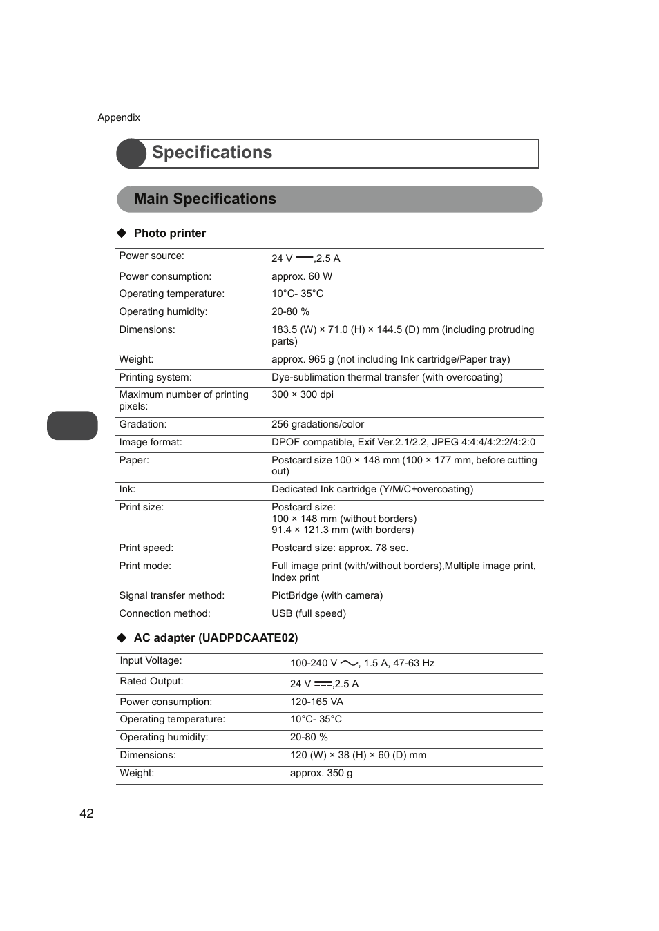 Specifications, Main specifications | FUNAI FDP-100 User Manual | Page 42 / 45