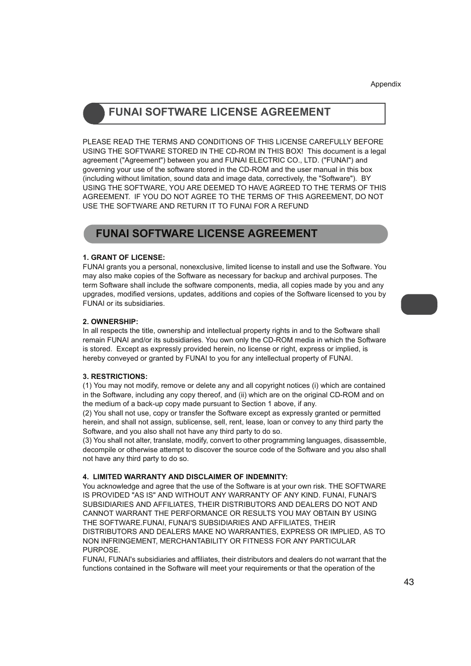 Funai software license agreement | FUNAI FDP-100 User Manual | Page 43 / 45