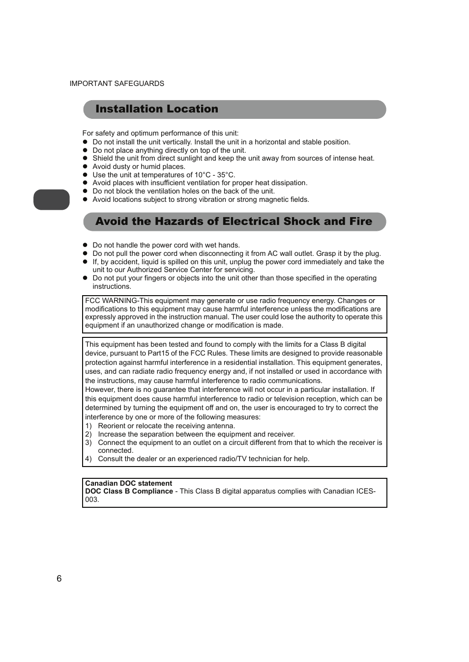 Installation location, Avoid the hazards of electrical shock and fire | FUNAI FDP-100 User Manual | Page 6 / 45