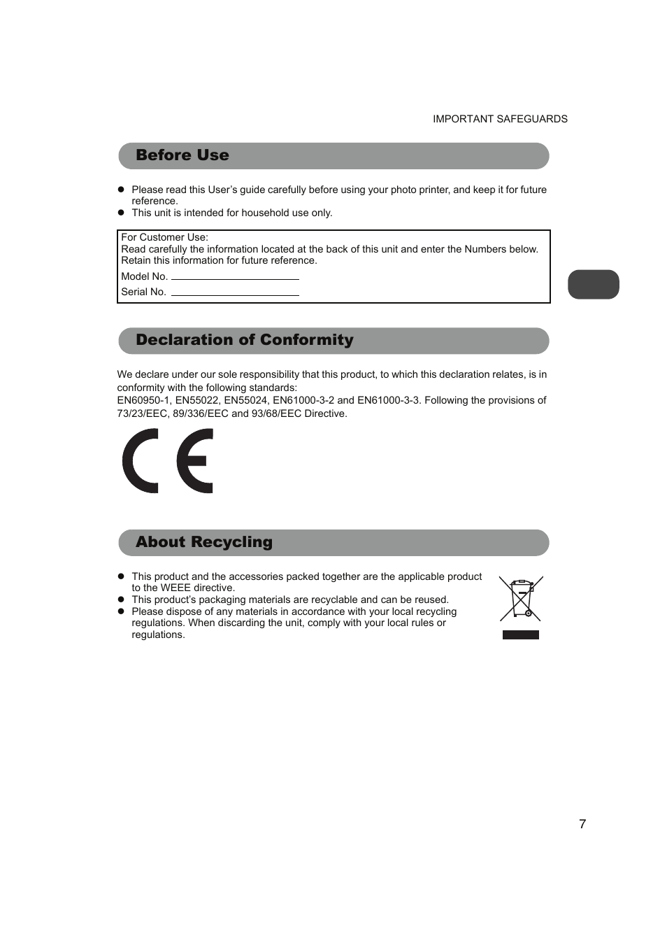 Before use, Declaration of conformity, About recycling | FUNAI FDP-100 User Manual | Page 7 / 45