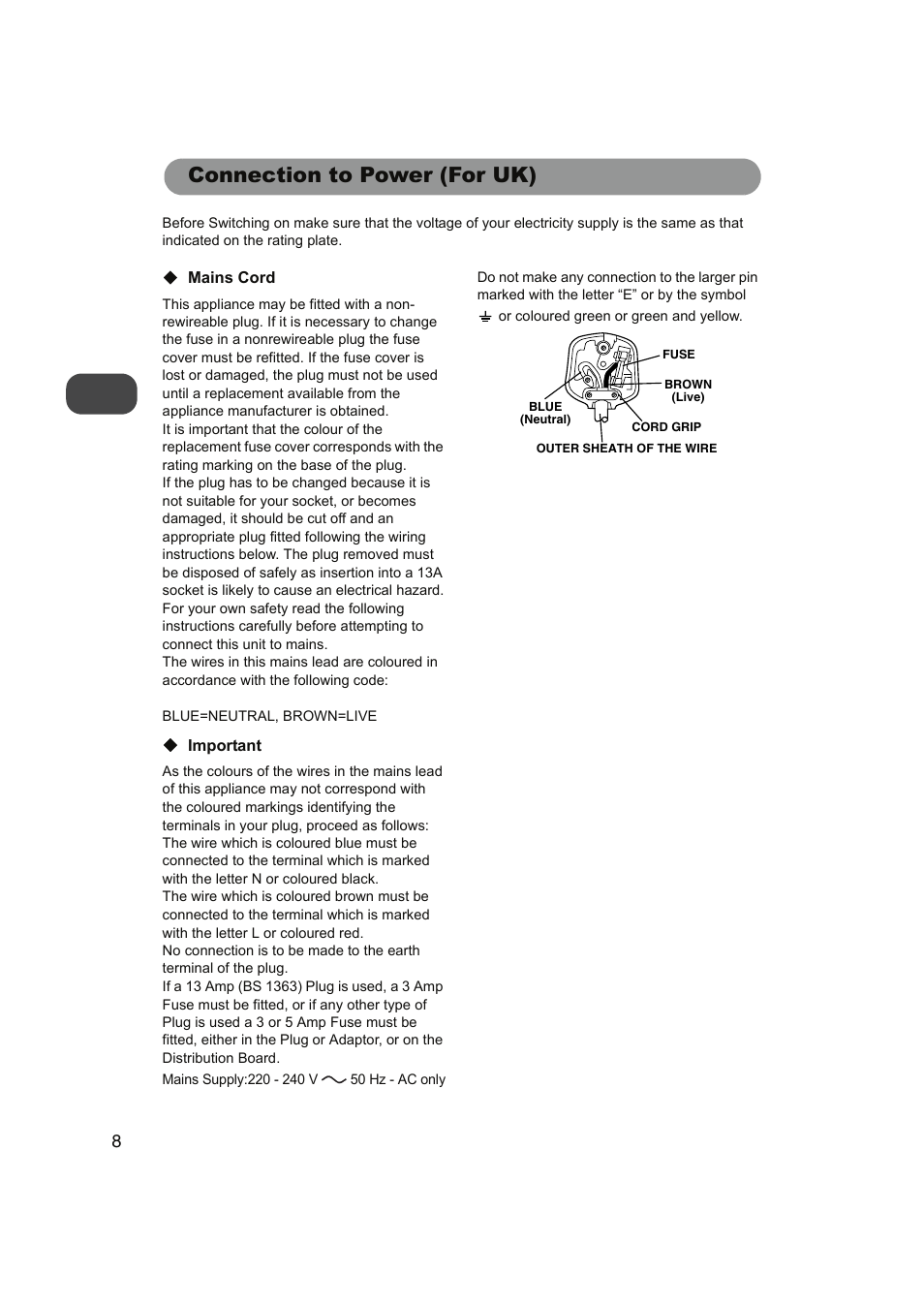 Connection to power (for uk) | FUNAI FDP-100 User Manual | Page 8 / 45