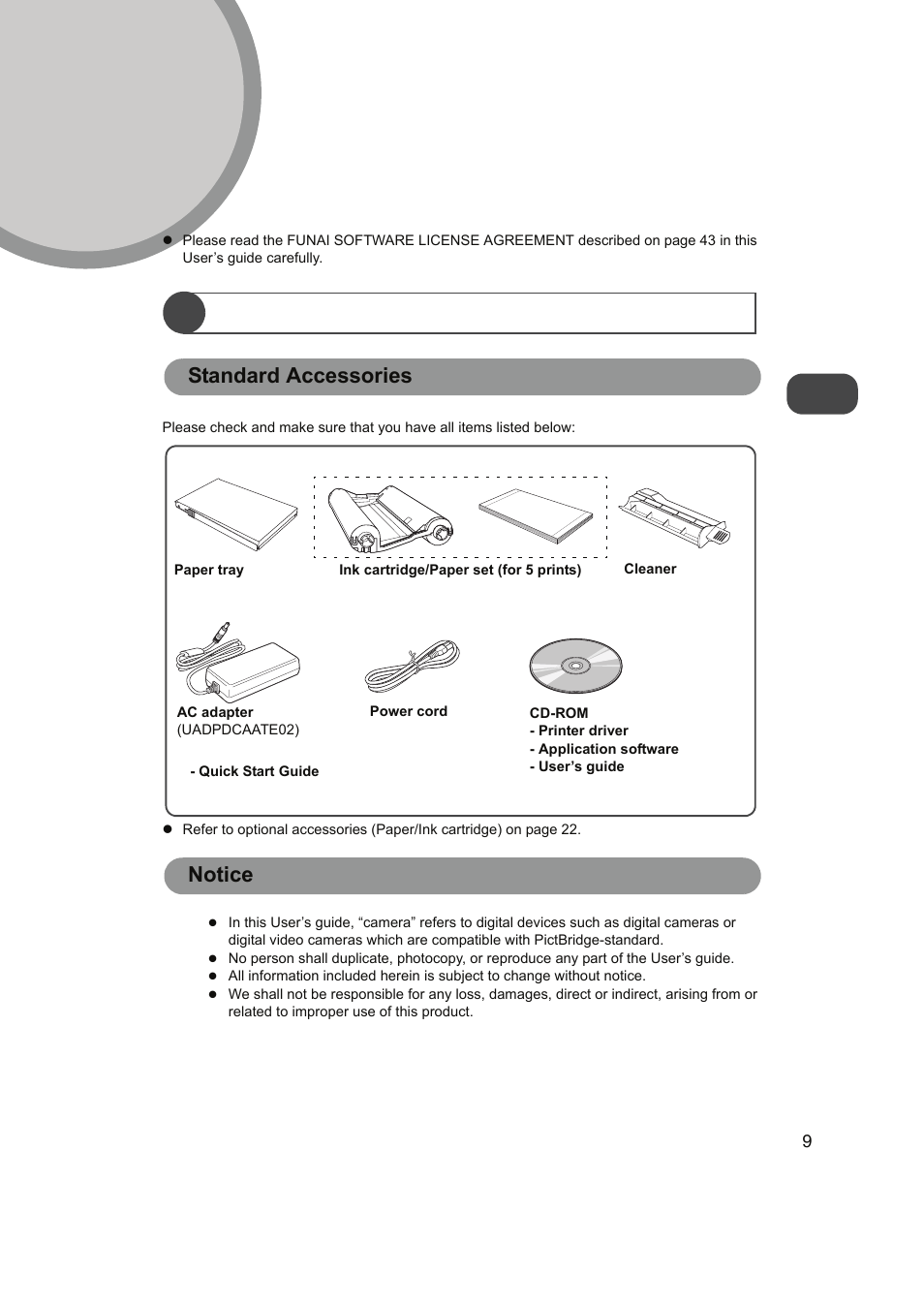 Introduction, Standard accessories, Notice | Important safeguards, Standard accessories notice | FUNAI FDP-100 User Manual | Page 9 / 45