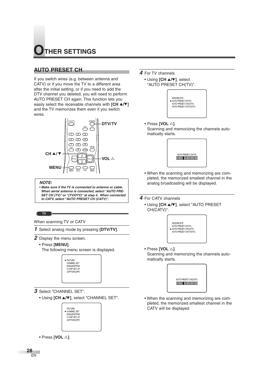 Ther settings, Auto preset ch | FUNAI MJ427GG User Manual | Page 28 / 40