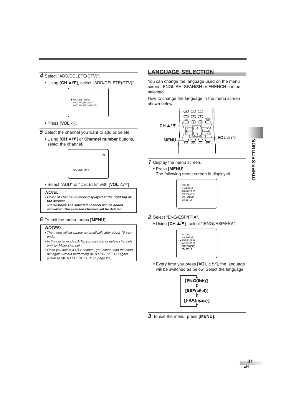 Language selection, Other settings | FUNAI MJ427GG User Manual | Page 31 / 40