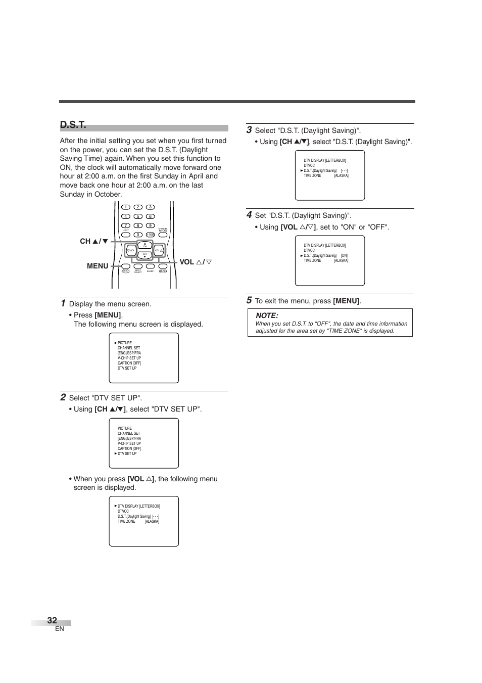 D.s.t, Menu ch k / l vol x / y | FUNAI MJ427GG User Manual | Page 32 / 40