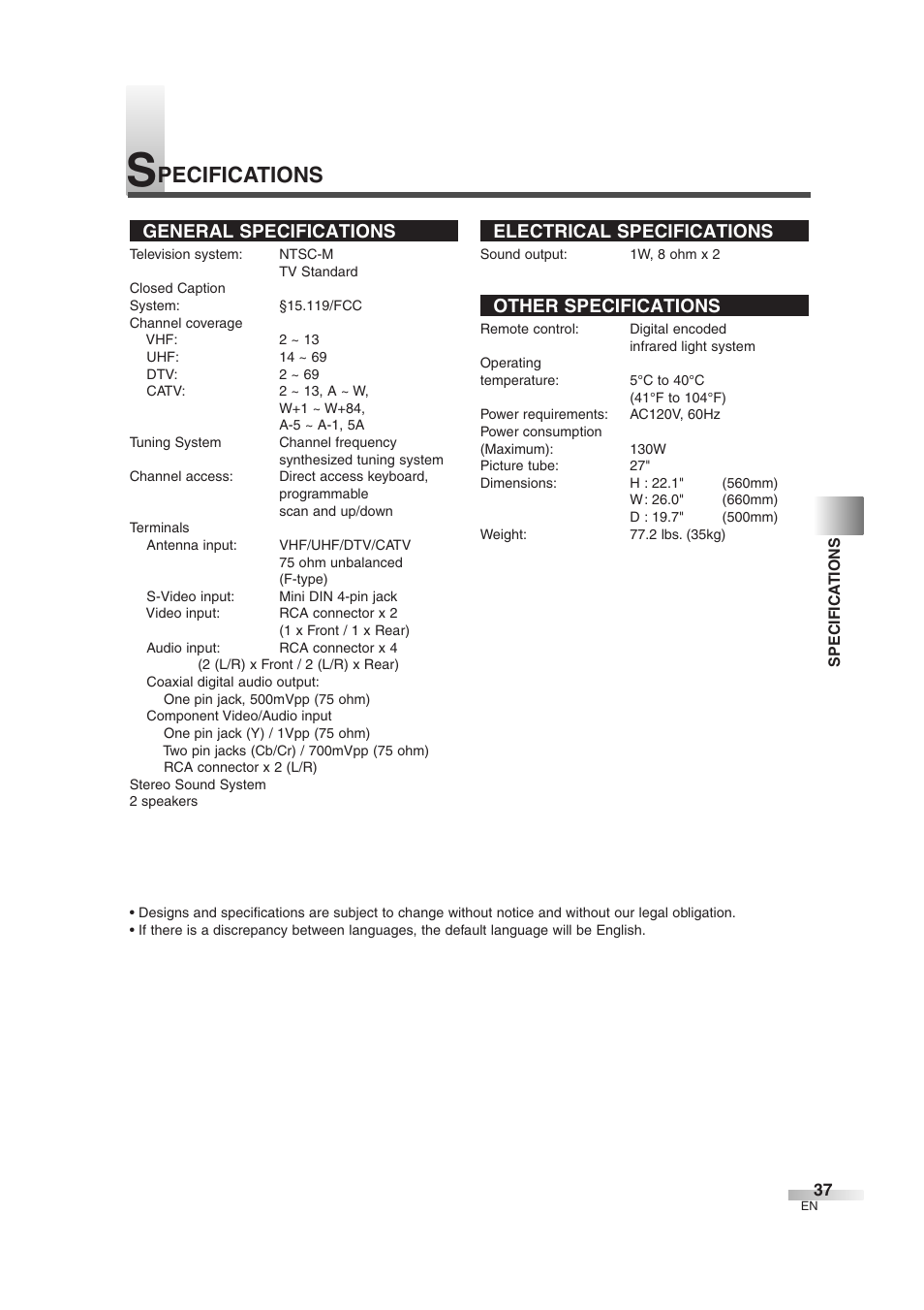 Pecifications, General specifications, Electrical specifications | Other specifications | FUNAI MJ427GG User Manual | Page 37 / 40