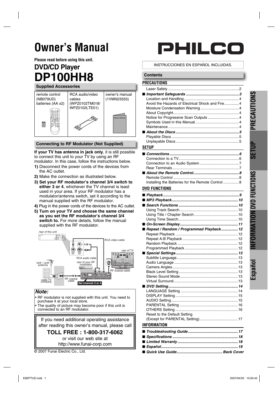 FUNAI DP100HH8 User Manual | 20 pages