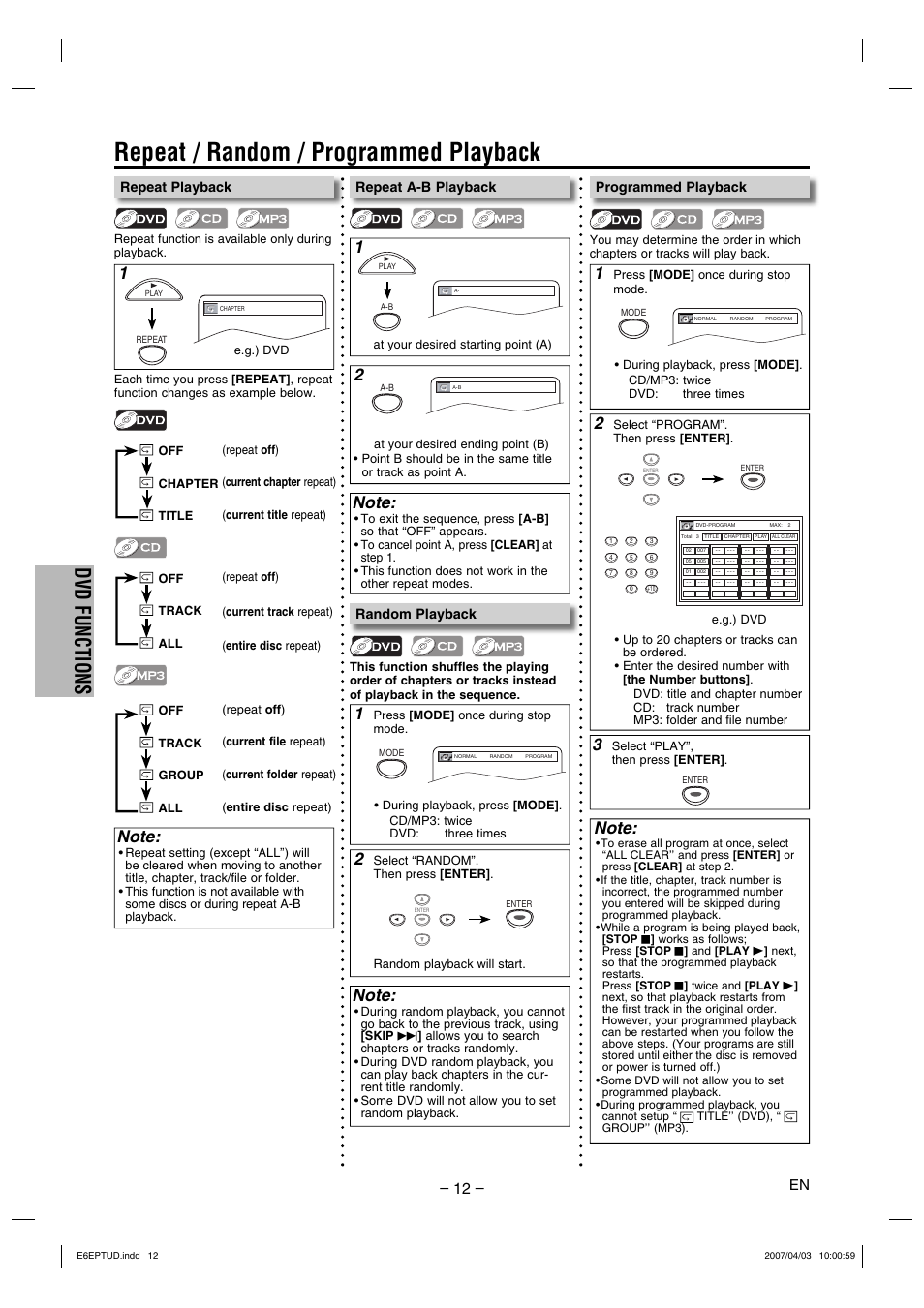 Repeat / random / programmed playback, Dvd functions, Repeat playback | Repeat a-b playback programmed playback, Random playback | FUNAI DP100HH8 User Manual | Page 12 / 20