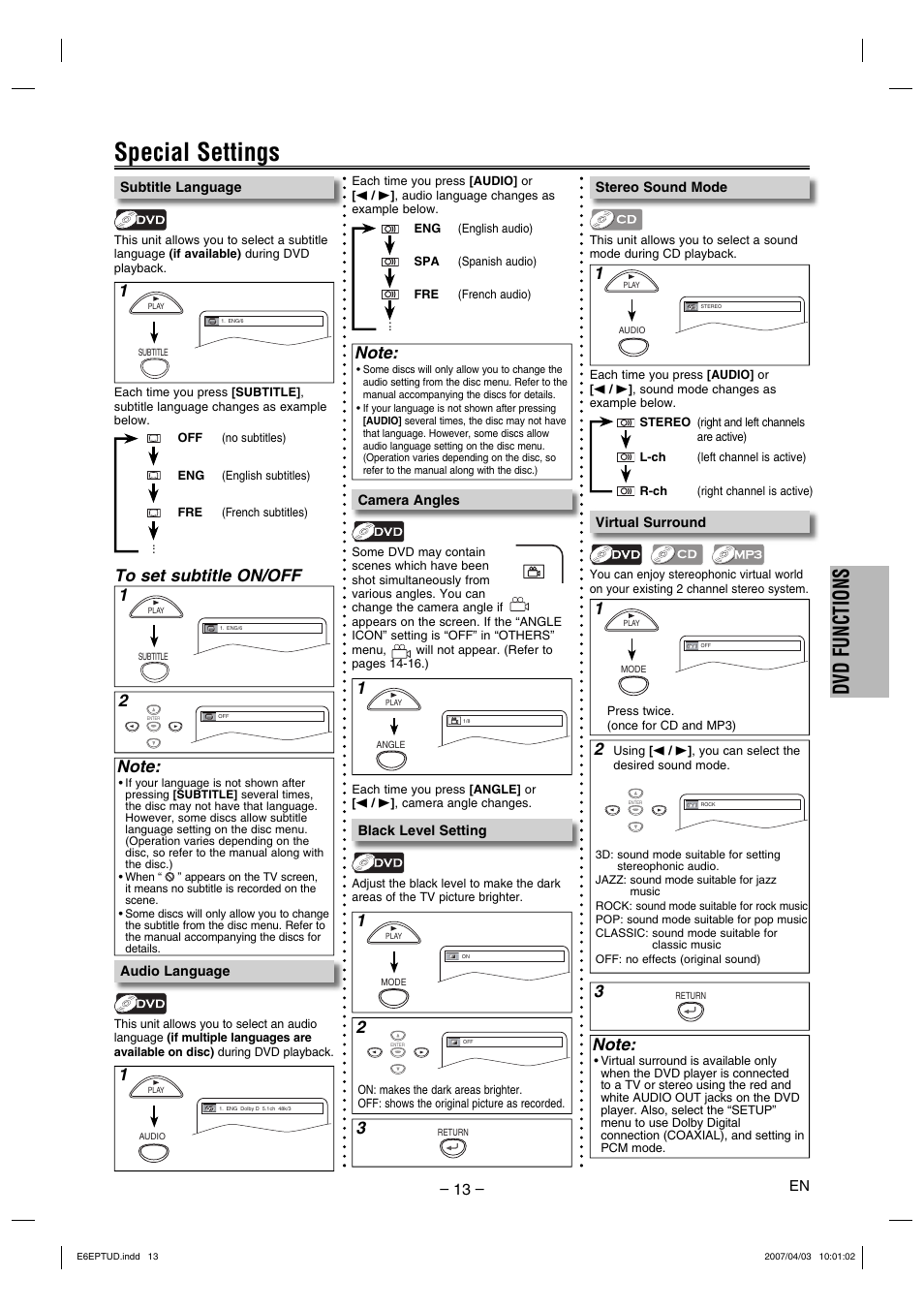 Special settings, Dvd functions | FUNAI DP100HH8 User Manual | Page 13 / 20