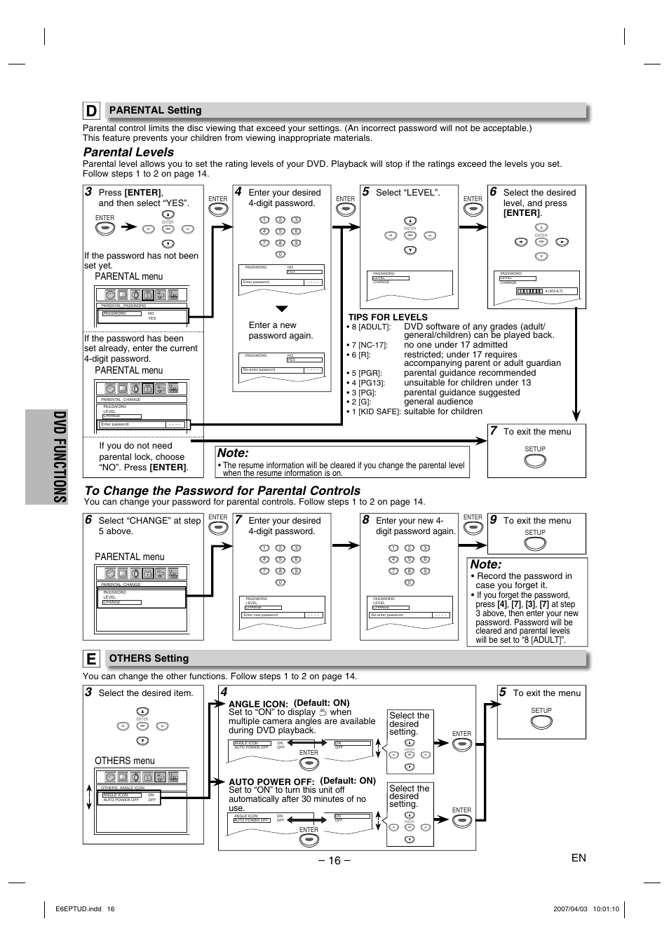 Dvd functions, Parental levels, Parental menu | Others menu, Parental setting, Others setting | FUNAI DP100HH8 User Manual | Page 16 / 20