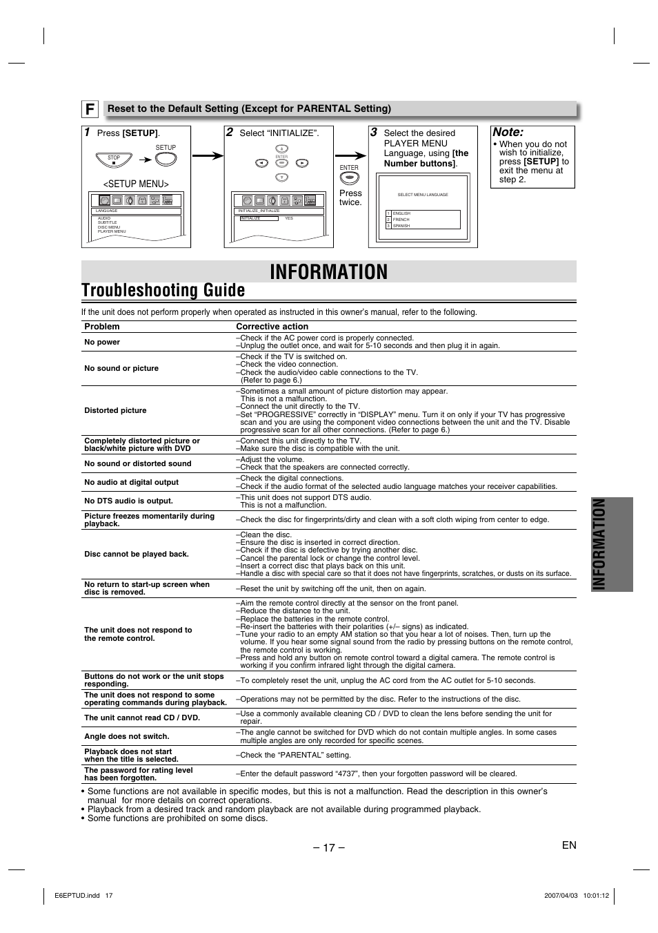 Troubleshooting guide, Information | FUNAI DP100HH8 User Manual | Page 17 / 20