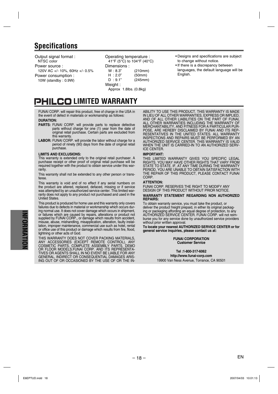 Specifications limited warranty, Information | FUNAI DP100HH8 User Manual | Page 18 / 20