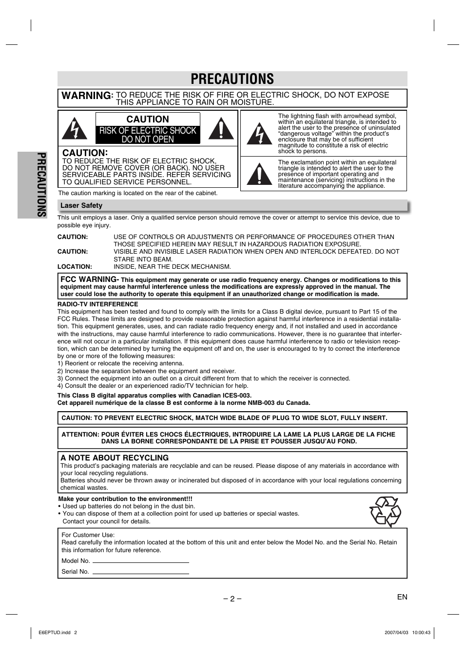 Precautions, Warning, Caution risk of electric shock do not open caution | FUNAI DP100HH8 User Manual | Page 2 / 20