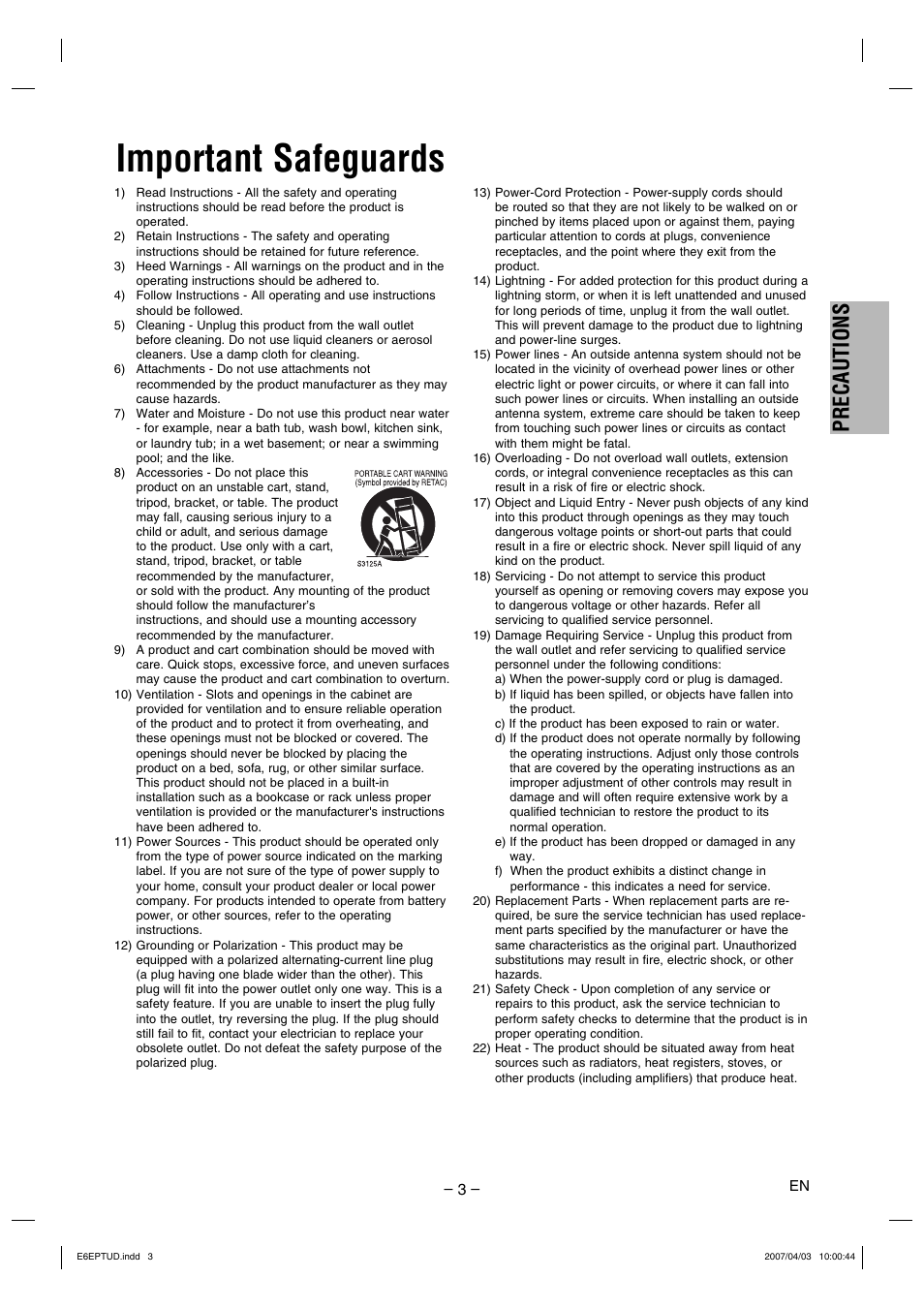 Important safeguards, Precautions | FUNAI DP100HH8 User Manual | Page 3 / 20