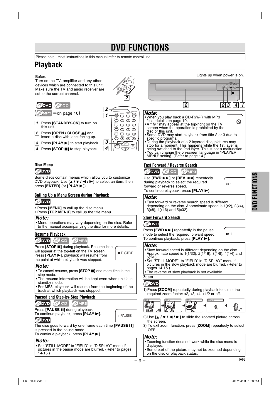 Playback, Dvd functions | FUNAI DP100HH8 User Manual | Page 9 / 20