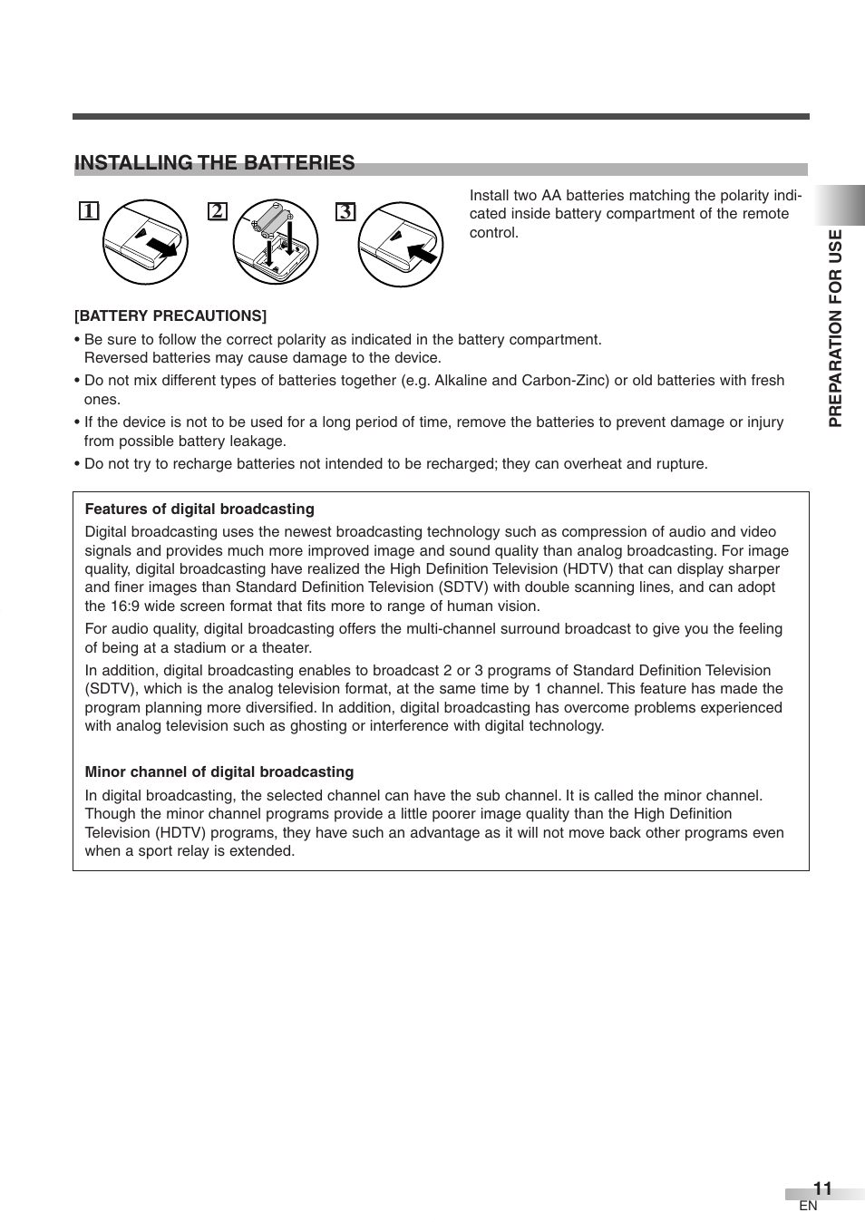 Installing the batteries | FUNAI CR272IL8 User Manual | Page 11 / 76