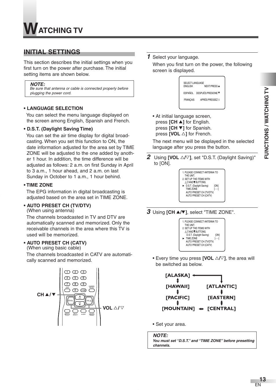 Atching tv, Initial settings, Functions / w a tching tv | FUNAI CR272IL8 User Manual | Page 13 / 76