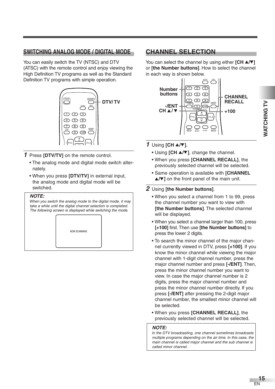 Switching analog mode / digital mode, Channel selection, Wa tching tv | Dtv/ tv, Channel recall number buttons -/ent ch k / l +100 | FUNAI CR272IL8 User Manual | Page 15 / 76