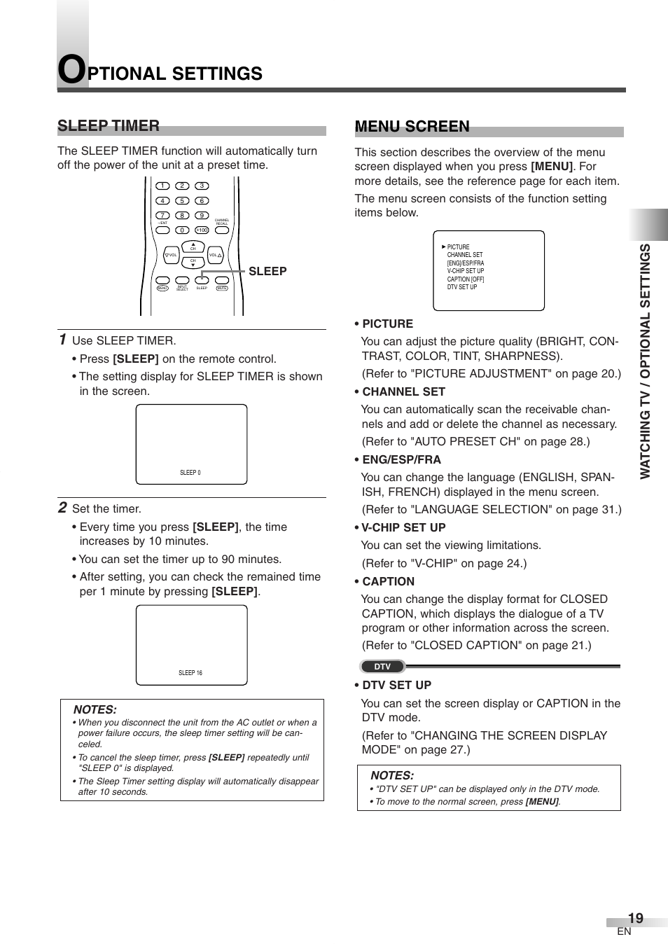 Ptional settings, Menu screen, Sleep timer | Wa tching tv / optional settings | FUNAI CR272IL8 User Manual | Page 19 / 76