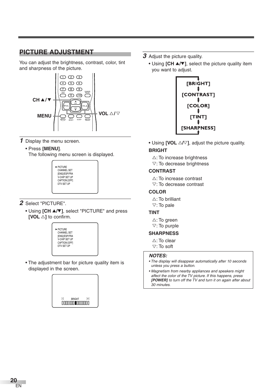 Picture adjustment, Menu ch k / l vol x / y | FUNAI CR272IL8 User Manual | Page 20 / 76