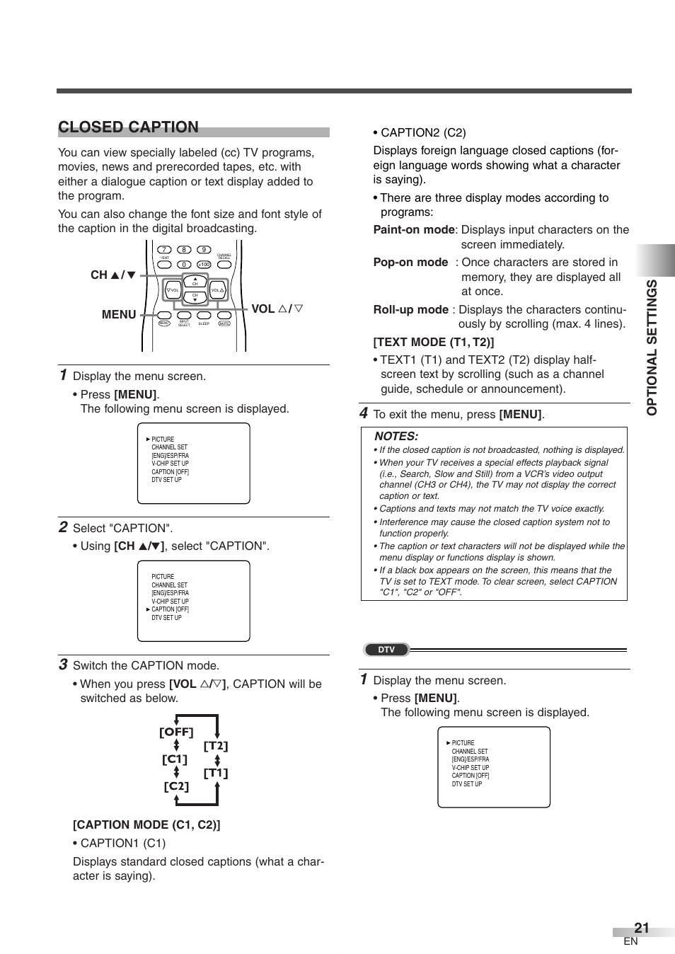 Closed caption, Optional settings | FUNAI CR272IL8 User Manual | Page 21 / 76