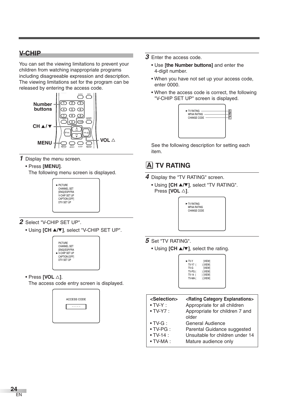 V-chip, A tv rating | FUNAI CR272IL8 User Manual | Page 24 / 76