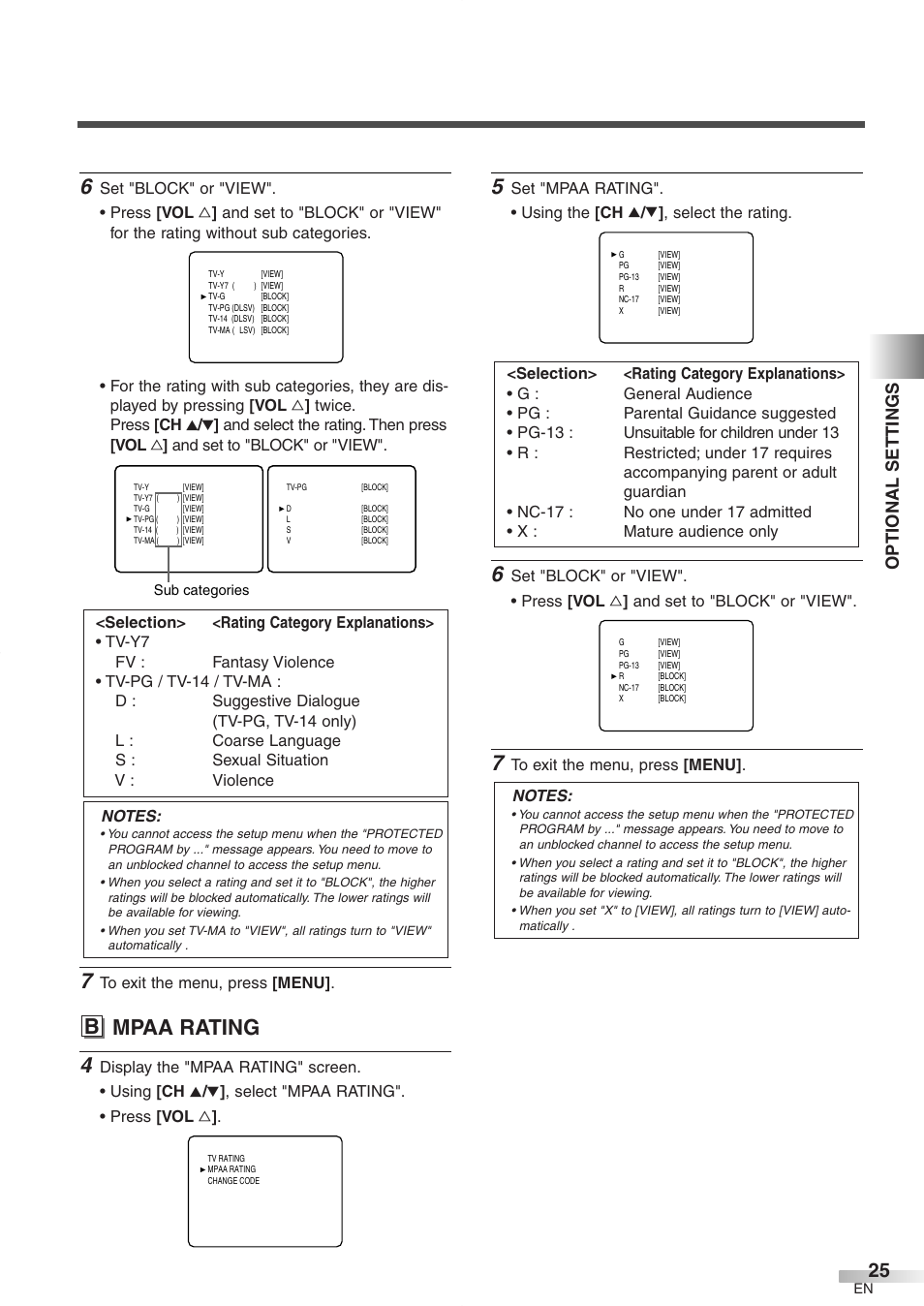 B mpaa rating, Optional settings | FUNAI CR272IL8 User Manual | Page 25 / 76