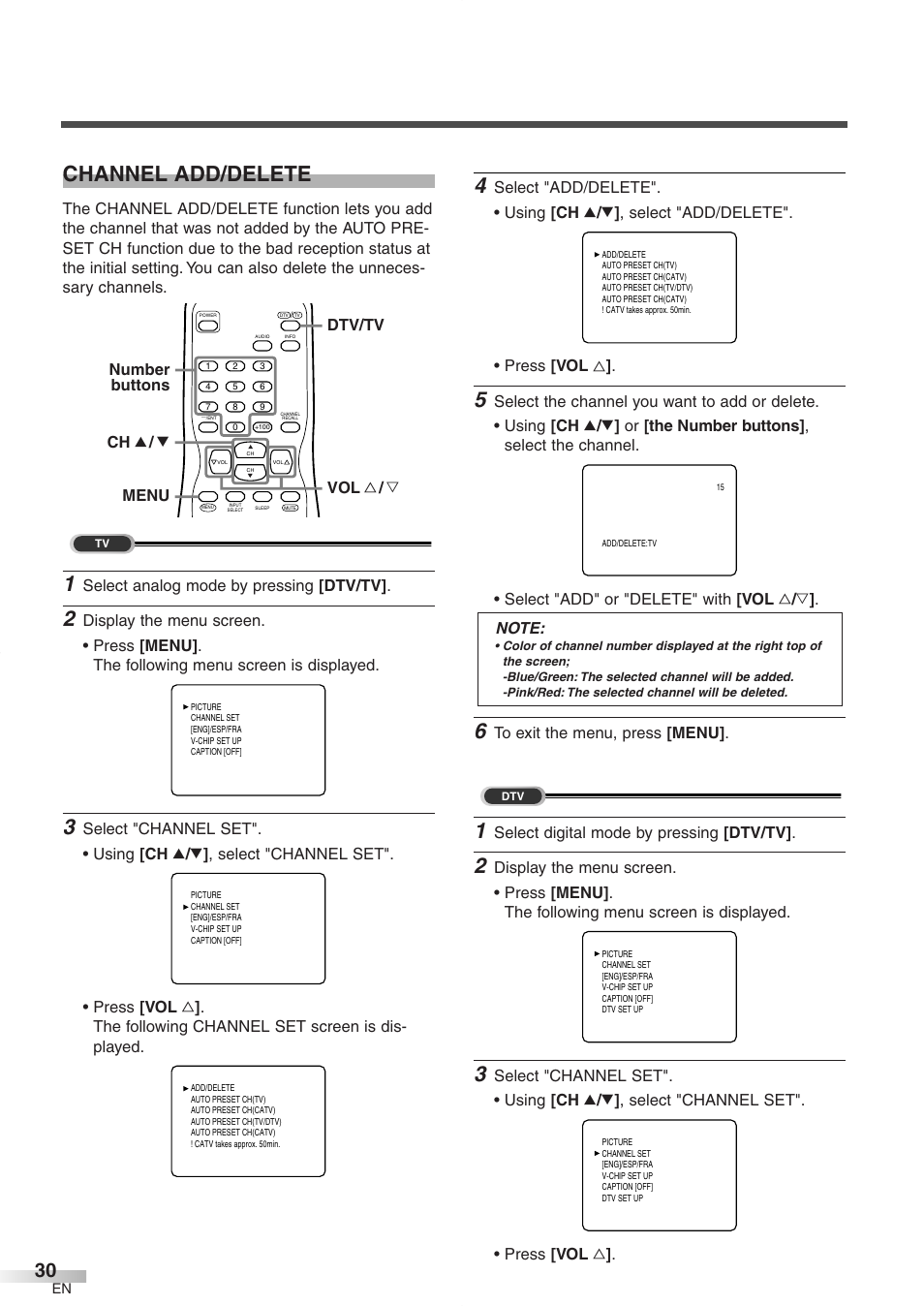 Channel add/delete, Select analog mode by pressing [dtv/tv, Menu ch k / l vol x / y dtv/tv number buttons | Select digital mode by pressing [dtv/tv | FUNAI CR272IL8 User Manual | Page 30 / 76