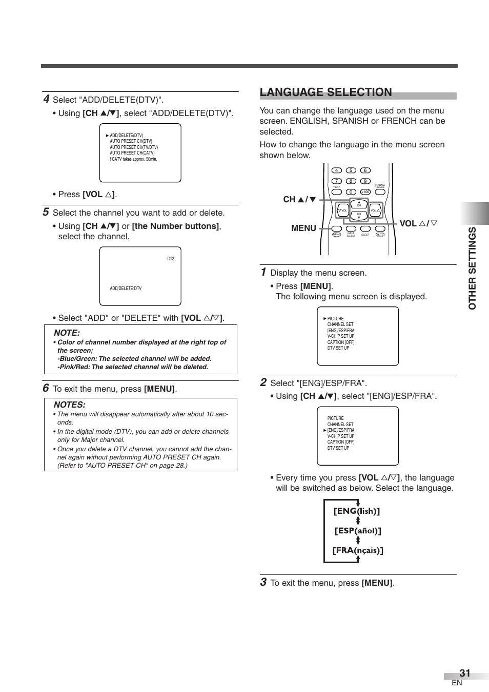 Language selection, Other settings | FUNAI CR272IL8 User Manual | Page 31 / 76