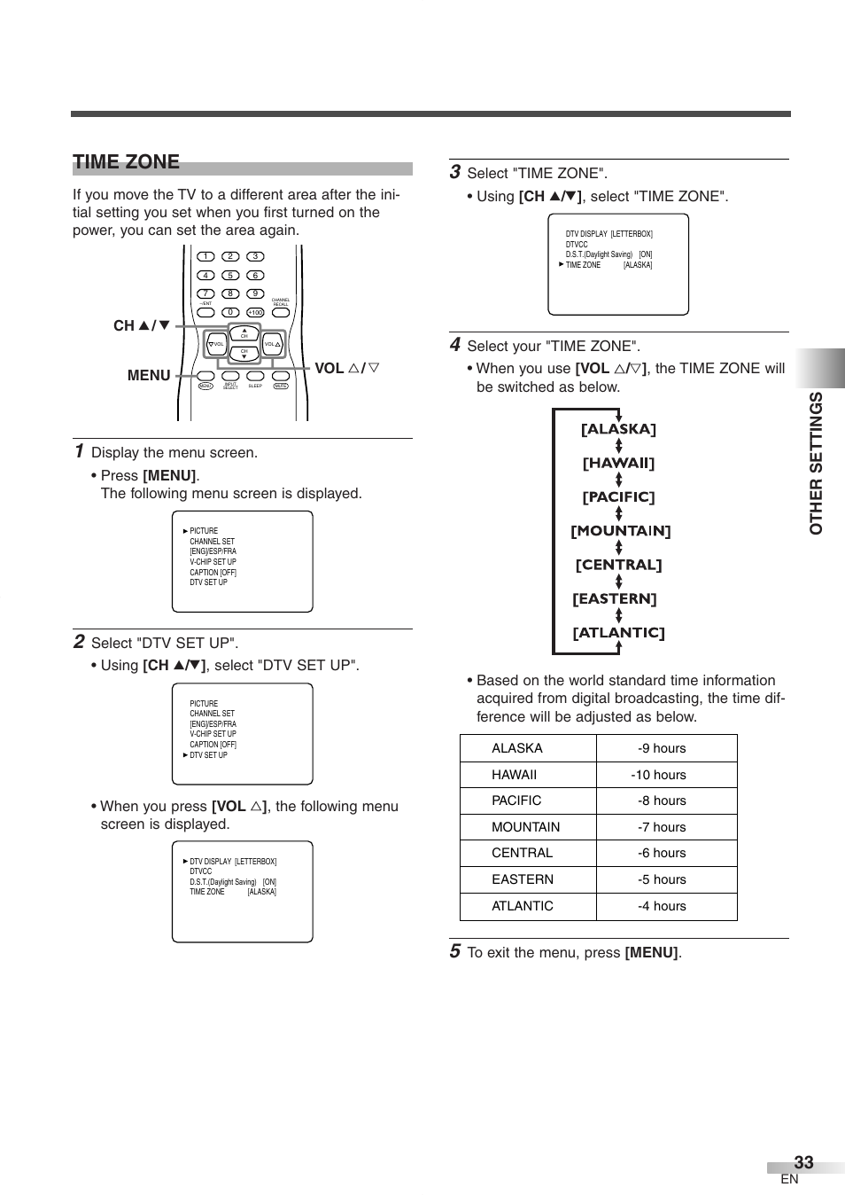 Time zone, Other settings | FUNAI CR272IL8 User Manual | Page 33 / 76