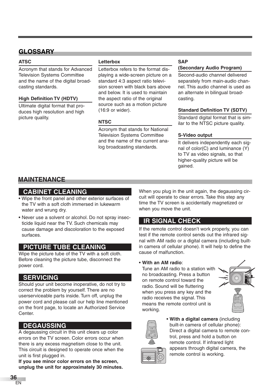 Cabinet cleaning, Picture tube cleaning, Servicing | Degaussing, Ir signal check, Maintenance glossary | FUNAI CR272IL8 User Manual | Page 36 / 76