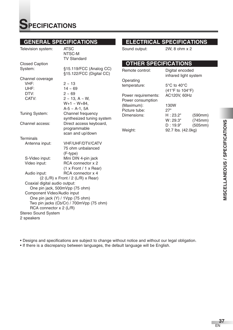 Pecifications, General specifications, Electrical specifications | Other specifications | FUNAI CR272IL8 User Manual | Page 37 / 76