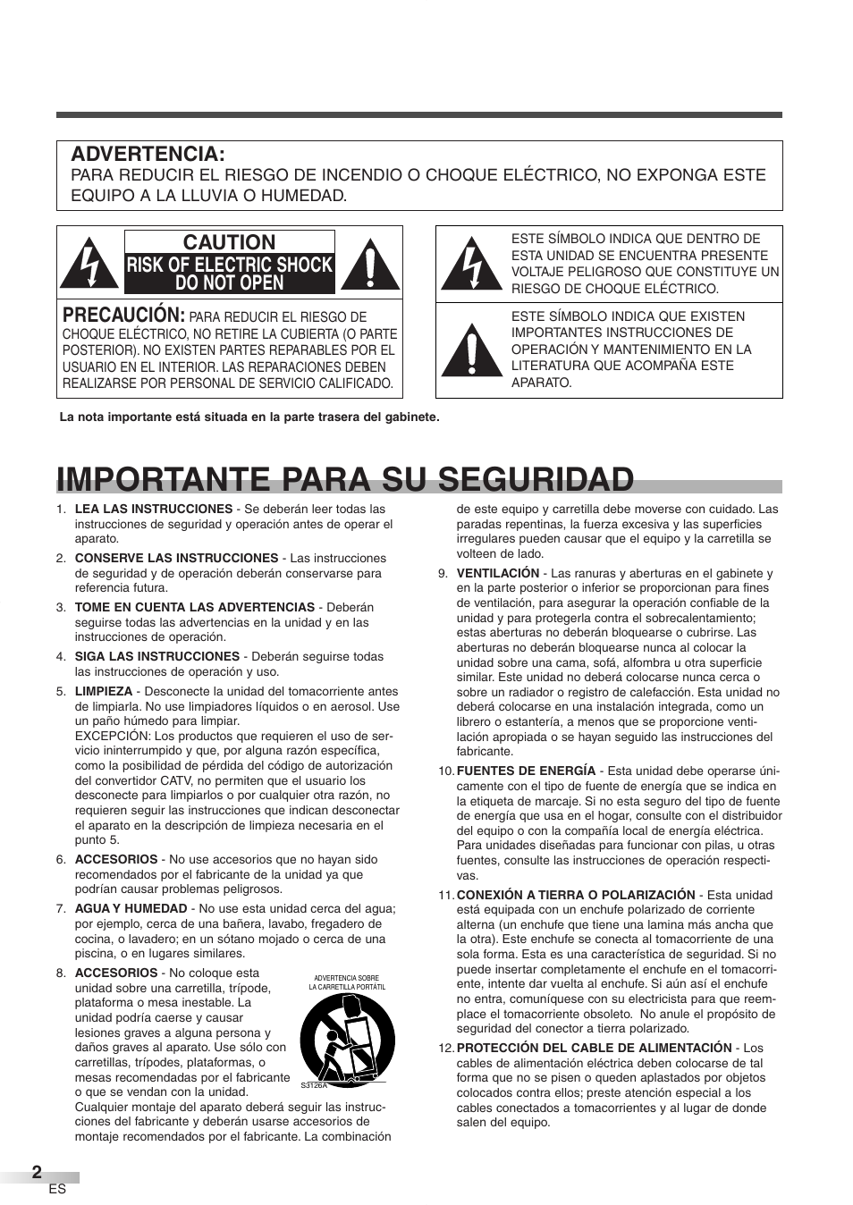 Importante para su seguridad, Precaución, Caution risk of electric shock do not open | Advertencia | FUNAI CR272IL8 User Manual | Page 40 / 76