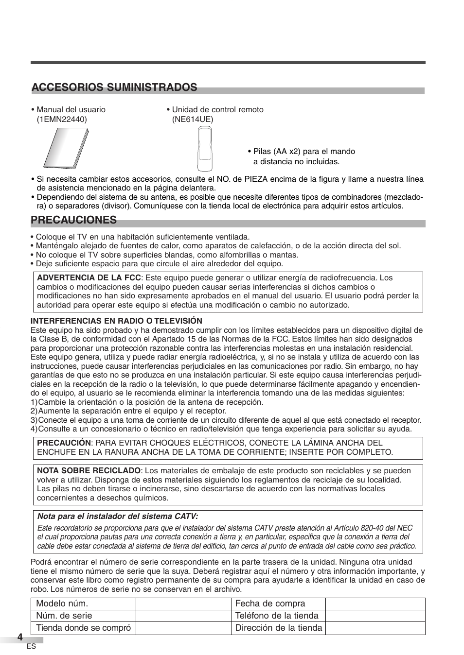 Precauciones, Accesorios suministrados | FUNAI CR272IL8 User Manual | Page 42 / 76