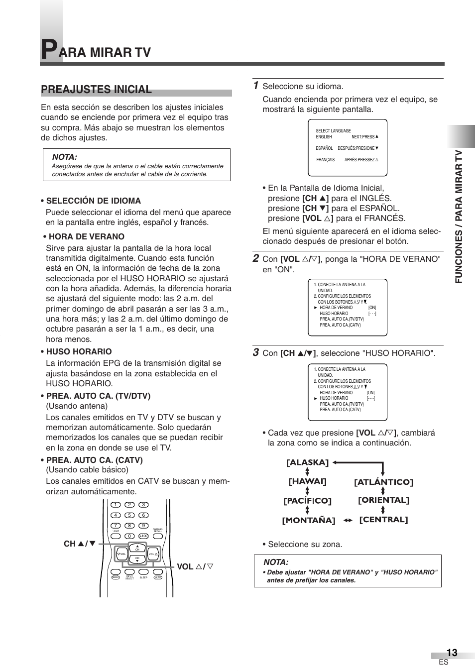 Ara mirar tv, Preajustes inicial, Funciones / p ara mirar tv | FUNAI CR272IL8 User Manual | Page 51 / 76